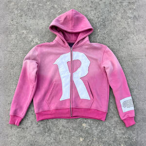 Hoodie Manufacturers Custom Streetwear Cut and Sew Zip up Applique Hoodie Distressed Embroidery Patch Acid Wash Hoodies - Product Image 5