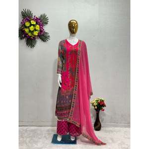 ชุดงานพิมพ์ดิจิตอล georgette ด้านบนด้านล่างพร้อม dupatta สีชมพู - Product Image 1