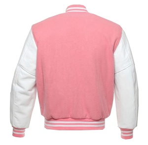 Fashionable Pink Wool Varsity <b>Jacket</b> with Genuine <b>Leather</b> Sleeves Streetwear Chic for Women Trendy FallWinter Bulk Available - Product Image 3