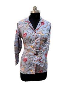 Camisa larga de algodón con estampado floral azul claro con botones Kurti Top - Product Image 3