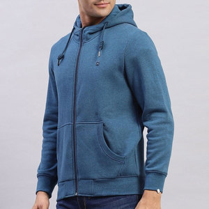 Sudadera con Capucha Azul para Hombre, Cierre de Cremallera, Corte Regular, Felpa Francesa, Color Sólido, Informal, para Otoño - Product Image 3