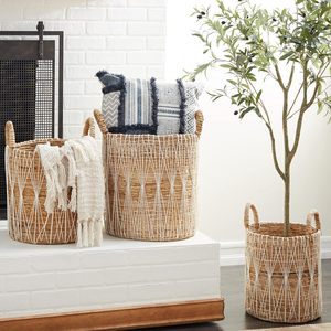 Natural Water Hyacinth Storage Baskets Set of 3 Woven Laundry <b>Hamper</b> with Handle Boho Decorative Toy Organizer Home Organization - Product Image 2