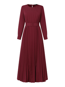 Vestido Maxi Plisado de Gasa con Cuello Redondo y Manga Larga, con Cinturón, Estilo Abaya Elegante y Holgado para Mujeres Musulmanas, Ideal para Fiestas - Product Image 4