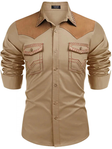 Camisa occidental negra para hombre con puños de gamuza marrón y bolsillos bordados en rojo, manga larga, estilo casual, estilo otoñal - Product Image 5