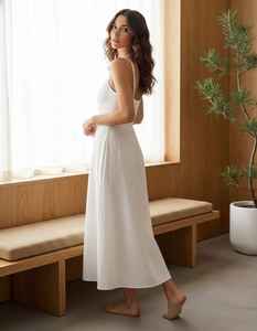 Vestido Largo de Lino Blanco para Mujer, Cuello en V, Sin Mangas, Ecológico, Casual de Verano con Aberturas Laterales - Product Image 4