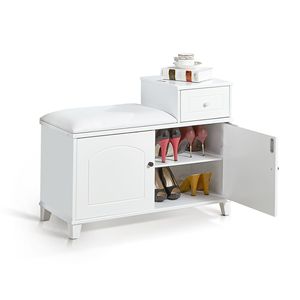Legno bianco scarpa panca armadio con cuscino in PU ignifugo doppie porte e cassetto mobile per ingresso porta - Product Image 2