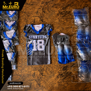 Ensemble uniforme de football américain personnalisé sublimé, antibactérien, gris-bleu, avec maillot et pantalon rembourrés, et logo frontal - Product Image 4