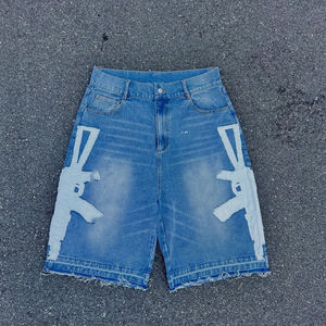 Men's Washed Denim Bermuda Shorts With Gun Print Casual Style Mid Waist Button Fly 100% Cotton <b>Bleached</b> Design - Product Image 2