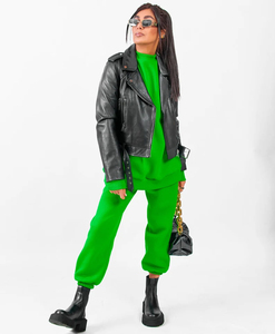 OEM Women Neon Green Crewneck Sweatshirt and Cuffed Sweatpants <b>Set</b> Custom Streetwear Tracksuit Supplier - Product Image 4