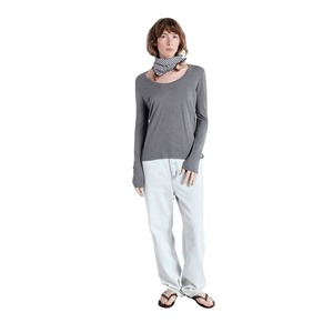 Haut décontracté gris à col rond et manches longues pour femme, en tricot 100 % coton respirant, coupe classique, couleur unie, basique - Product Image 4