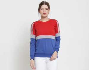 เสื้อสเวตเชิ้ตคอกลมผู้หญิง แขนยาว ผ้าถัก สีตัดต่อ สไตล์ลำลอง สีแดง น้ำเงิน เทา ผ้าฝ้าย 100% เหมาะสำหรับใส่ในฤดูใบไม้ร่วง - Product Image 1