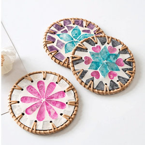 eco-friendly mother of pearl woven rattan <b>placemats</b> and seagrass coasters <b>round</b> shape chargers for vintage living space - Product Image 4