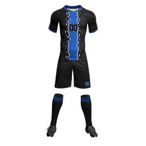 Uniforme de Fútbol Personalizado con Rayas Azules y Negras, Impresión Sublimada, Absorbente de Humedad, Corte Atlético para Hombre Adulto, Manga Corta - Product Image 1