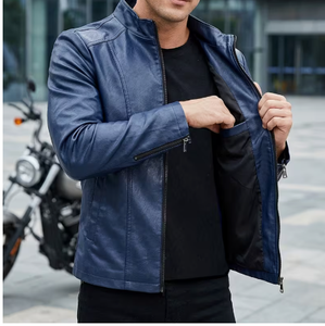 Men's Blue Cow Skin <b>Leather</b> Bomber <b>Jacket</b> Stand Collar Zipper Closure Slim Fit Regular Sleeve Solid Color <b>Winter</b> Wear Breathable - Product Image 3