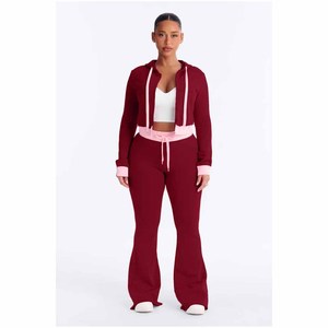 Conjunto de Dos Piezas con Capucha Color Granate para Mujer, Ropa Deportiva Informal de Punto, Corte Holgado, Pantalones Largos de Color Sólido con Ribete Rosa para Todas las Temporadas - Product Image 5