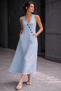 Women Linen Midi Dress Sleeveless V Neck A-Line Dress Button Detail Casual Summer Dress Loose Fit Pockets Dress - Product Image 2