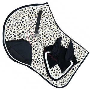 Crossedge Leopard Print Saddle Pad Set Diamond Quilted Jump Pad with Matching Ear <b>Bonnet</b> Crochet Fly Veil with White Cord Piping - Product Image 1
