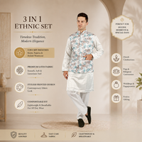 Conjunto 3 en 1 de Kurta Pajama de Satén Abstracto con Chaleco Estampado |   Traje Tradicional Étnico para Hombre, para Fiestas, Bodas, Diwali