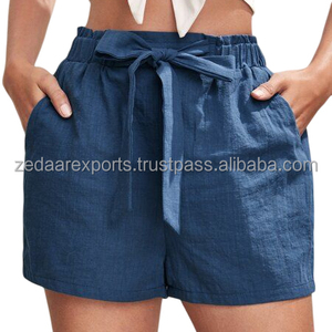 Pantalones cortos de cintura alta de lino y algodón cómodos para mujer en amarillo elegante Casual ajuste suelto con bolsillos estilo relajado de verano fresco - Product Image 3