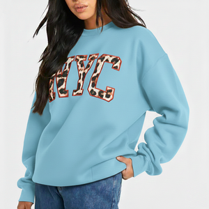 Women Oversized Crew Neck <b>Sweatshirt</b> Light Blue <b>Leopard</b> <b>Print</b> Letter Front Regular Sleeve Autumn Knitted Cotton 100% - Product Image 1