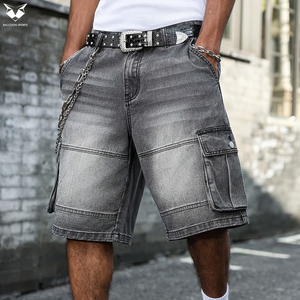 Pantalones Cortos Cargo de Mezclilla Gris Lavado Ácido para Hombre, al por Mayor, con Logotipo Personalizado, Estilo Urbano, Holgados, Hip Hop, de Pierna Ancha, Desgastados - Product Image 2