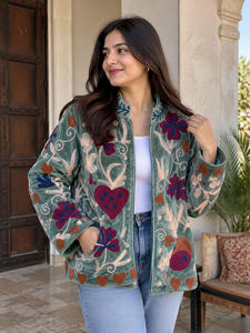Premium Bohemian Suzani <b>Velvet</b> Bomber Jacket <b>Women</b> Handmade Floral Embroidered Winter Regular Reversible Eco-Friendly Stylish - Product Image 2