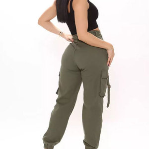 Pantalon cargo d'hiver en molleton brodé vert olive pour femme, taille haute, cordon élastique, coupe régulière, longueur intégrale, couleur unie - Product Image 4