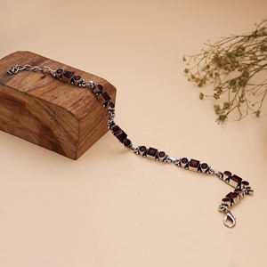 Elegant Ethnic Antique Silver Plated Brass Beaded <b>Bracelet</b> with Red Cubic Zirconia <b>Stones</b> Bezel Setting for Women's Anniversary - Product Image 2