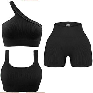 Comfortable Women 2 Piece Vintage Solid Workout Sets Seamless Ribbed Yoga Outfits Sports Bra <b>One</b> Shoulder <b>Top</b> Shorts Gym - Product Image 2