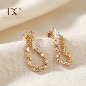 Ethnic Stylish 14KT Solid Yellow Gold Pear Shape Teardrop <b>Dangle</b> Stud <b>Earrings</b> with Lab Grown <b>Diamonds</b> Fine Jewelry for Women - Product Image 4