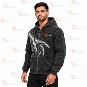Men Acid Washed Zipper Hoodie 400GSM Soft Cotton Fleece Street Style Hoodie Custom OEM Private Label Factory - Product Image 2