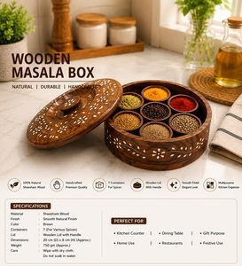 Caja de especias de madera tallada a mano con diseño floral y almacenamiento compartimentado para uso en la cocina. - Product Image 6