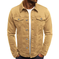 Chaqueta vaquera tipo camionero para hombre, color mostaza, corte ajustado, informal, con cuello alto, color liso, ropa de abrigo de invierno, estilo urbano, logotipo frontal personalizable