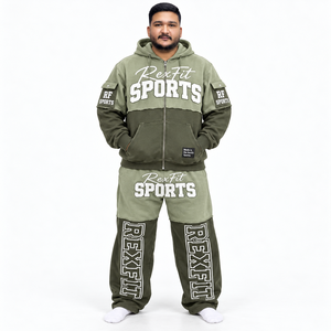 Survêtement de sport Rexfit unisexe avec fermeture éclair sur le devant, haut en polaire, pantalon ample, blocs de couleurs contrastés, impression personnalisée, streetwear, deux pièces, hiver - Product Image 1