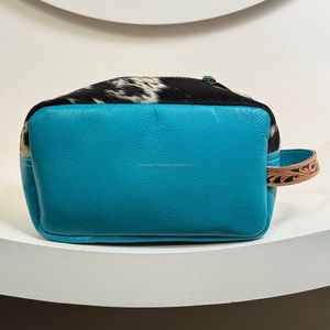 2025 grande capacité Portable en cuir de vachette véritable trousse de toilette usiné à la main Turquoise pierre Accent femmes sacs à cosmétiques étuis - Product Image 5