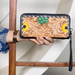 New Handmade Tooled Caring <b>Wallet</b> Clutch Genuine Leather Credit Card Holder Floral Design <b>Zip</b> Type For Women's Western <b>Wallet</b> - Product Image 2