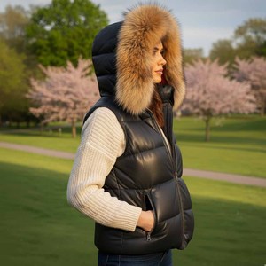 Chaleco de Cuero Acolchado para Mujer con Capucha de Piel de Zorro, Cierre de Cremallera, Relleno de Algodón, Resistente al Viento y Transpirable - Product Image 2