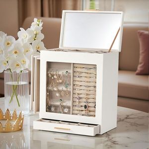 Elegante Portagioie Bianco a 4 Cassetti con Fronte Trasparente e Interno in Velluto Rosa, Armadietto per Accessori e Organizzatori - Product Image 1