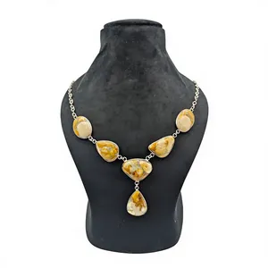 Collar llamativo de ágata amarilla natural chapado en plata y latón |   Cadena de Eslabones Hecha a Mano, Joyería de Lujo para Mujer, 22 Pulgadas de Largo, para Boda - Product Image 1