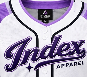 Camiseta de Béisbol para Mujer Index Apparel, Blanca y Morada, Cuello en V, Manga Corta, Cierre de Botones, Ajustada, con Estampado Sublimado 23 - Product Image 6