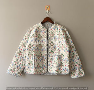 Hand Block Print Cotton Quilted Kantha Jacket: Reversible <b>Boho</b> Coat - Product Image 1