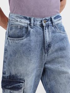 Jean baggy homme en denim délavé bleu clair, 100 % coton, taille mi-haute, coupe ample, style hip-hop, poches utilitaires - Product Image 5