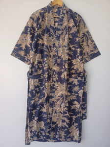 Robe Kimono Longue en Coton Bleu Marine à Motifs Floraux, Col en V, Manches Longues, Poche Avant – Vente en Gros Fabricant - Product Image 6