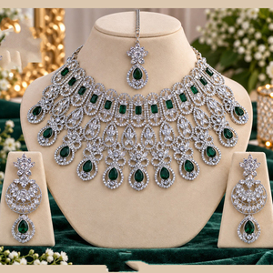 JeweleMarket Women's <b>Silver</b> Plated Crystal Rhinestone Ethnic Wedding Engagement Anniversary Party Gift <b>Necklace</b> <b>Earring</b> <b>Set</b> - Product Image 2