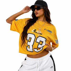 Camiseta de fútbol americano oversize de malla personalizada para mujer, estilo streetwear, cuello en V, uniforme de equipo, producción de números personalizados - Product Image 3