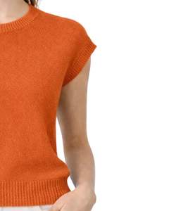 Gilet tricoté sans manches pour femme, orange personnalisé, broderie florale, col rond, doux, léger, décontracté, élégant, haut de mode estival - Product Image 2
