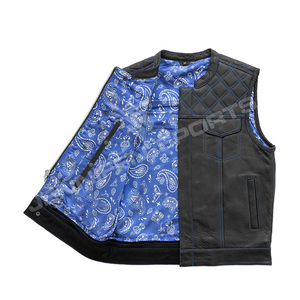 Gilet de motard en cuir véritable pour homme, noir, avec surpiqûres diamantées, poche dissimulée et doublure intérieure en bandana. - Product Image 2