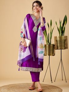 Women's Premium Purple Chinon Viscose Embroidery Kurti with Chinon Pant And jacquard print <b>Blend</b> Dupatta Sets - Product Image 4