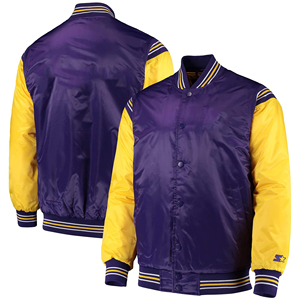 Men's <b>Purple</b> Yellow Color Block <b>Varsity</b> <b>Jacket</b> Stand Collar Covered Button Closure Regular Fit Woolen Fabric Winter Breathable - Product Image 3