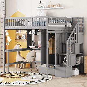 Letto a soppalco full-size per bambini con libreria, cassetti, scrivania e armadio, colore grigio - Product Image 1
